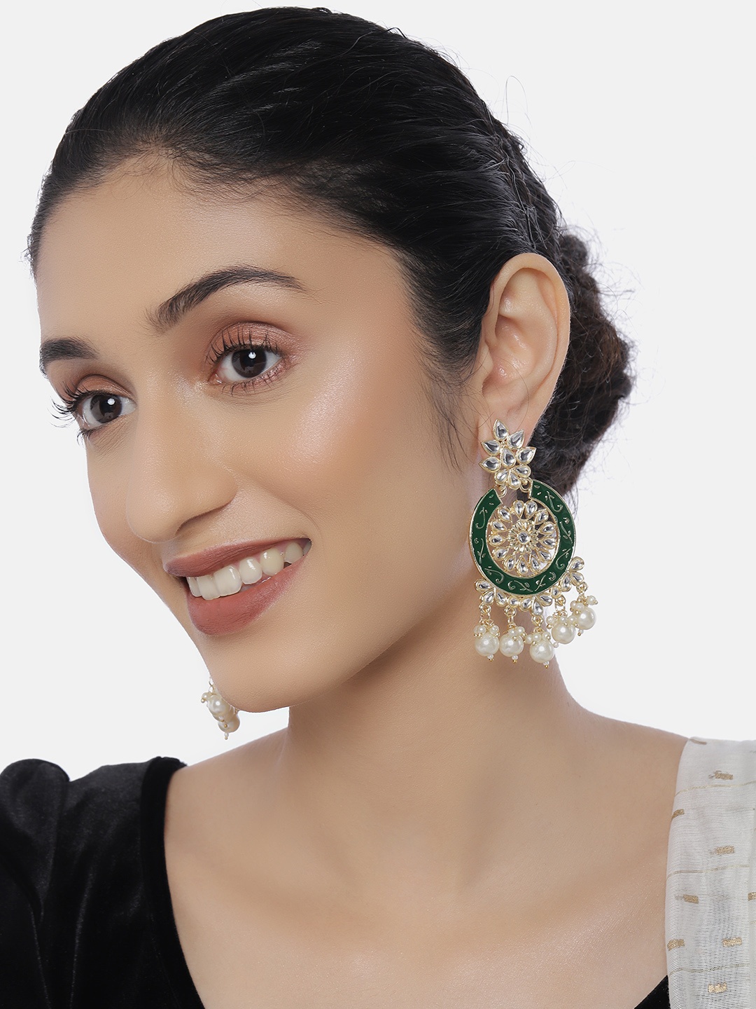 

LAIDA Green Gold-Plated Kundan-Studded Circular Drop Earrings