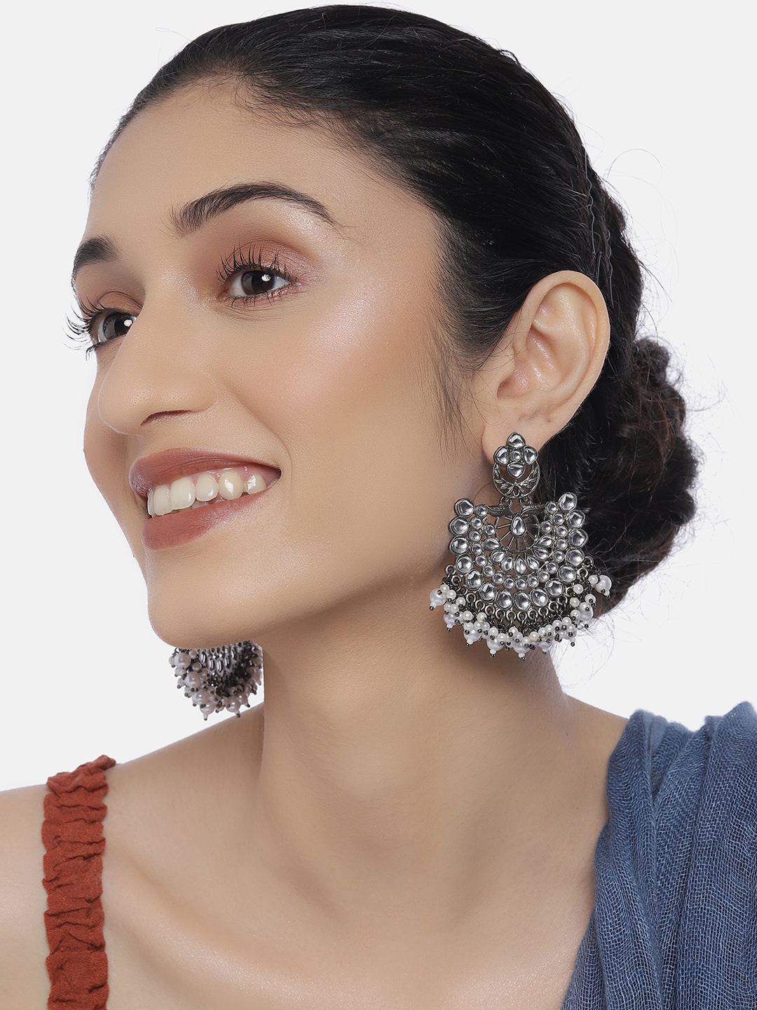 

LAIDA Silver-Toned Oxidized Rhodium-Plated Handcrafted Crescent Shaped Drop Earrings