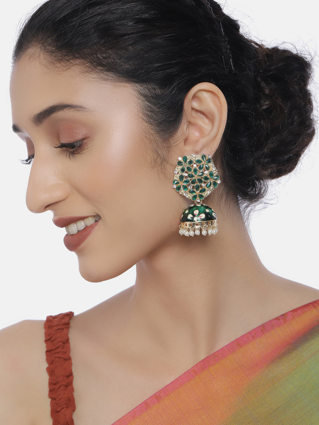 

LAIDA Green & Gold-Plated Kundan Studded Dome Shaped Jhumkas