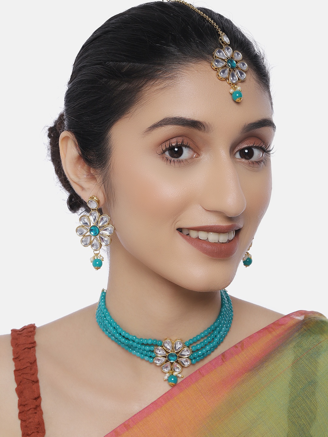 

LAIDA Women Gold-Plated & Turquoise Blue Jewellery Set With Maangtika, Green