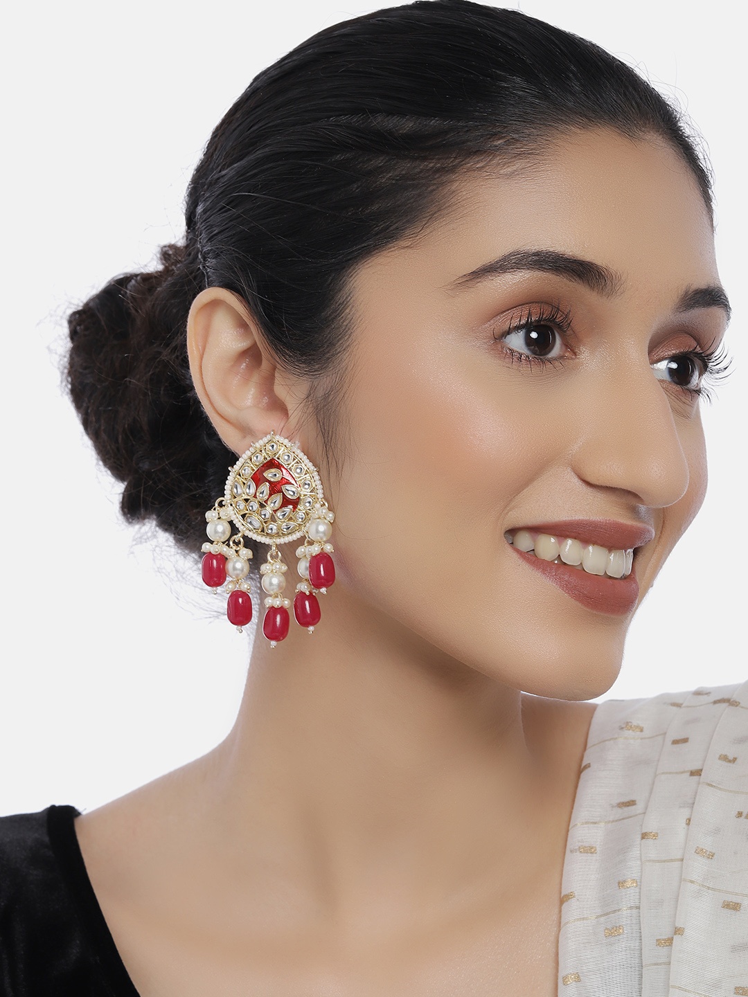 

LAIDA Maroon Gold-Plated Kundan-Studded Teardrop Shaped Drop Earrings