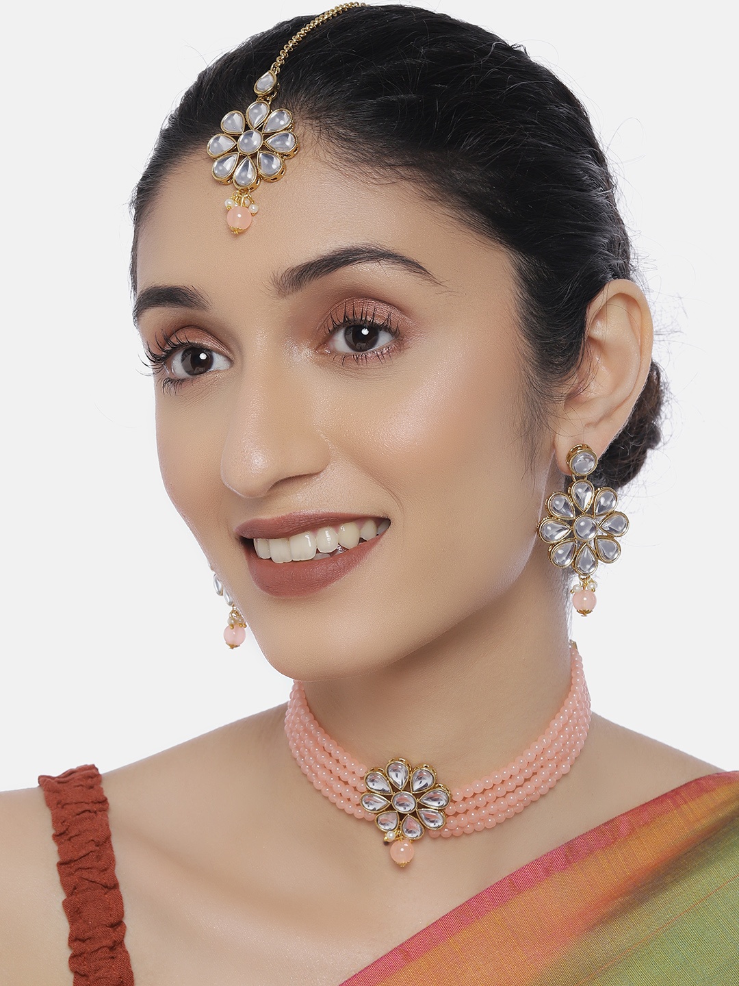 

LAIDA Women Gold-Plated & Peach-Coloured Jewellery Set With Maangtika