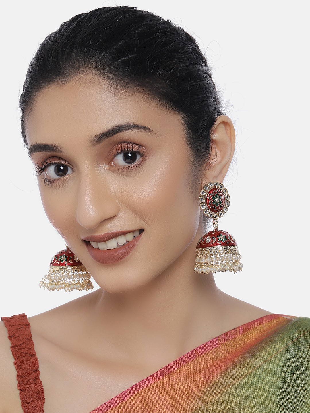 

LAIDA Maroon & Gold-Plated Kundan Studded Dome Shaped Jhumkas