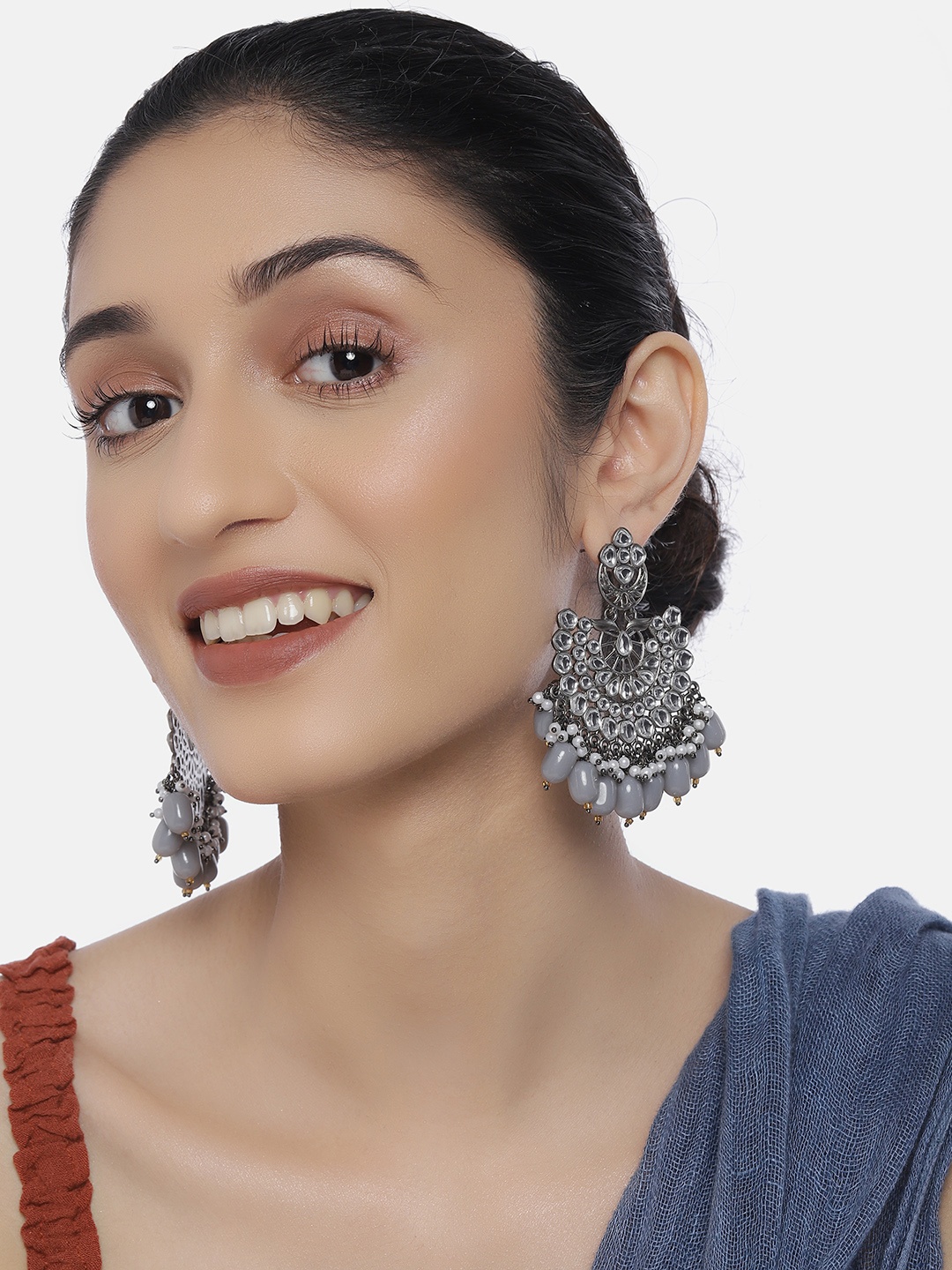 

LAIDA Silver-Toned Rhodium-Plated Handcrafted Kundan & Pearl Crescent Shaped Drop Earrings