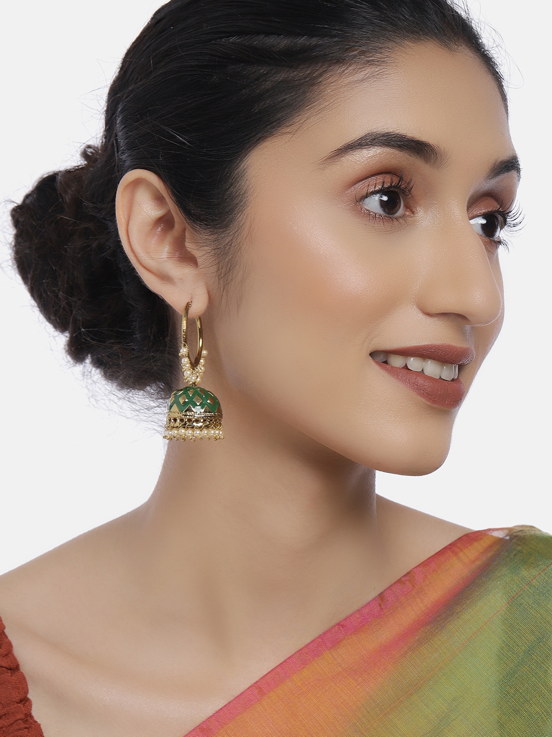 

LAIDA Gold-Plated & Green Kundan Studded Classic Jhumkas