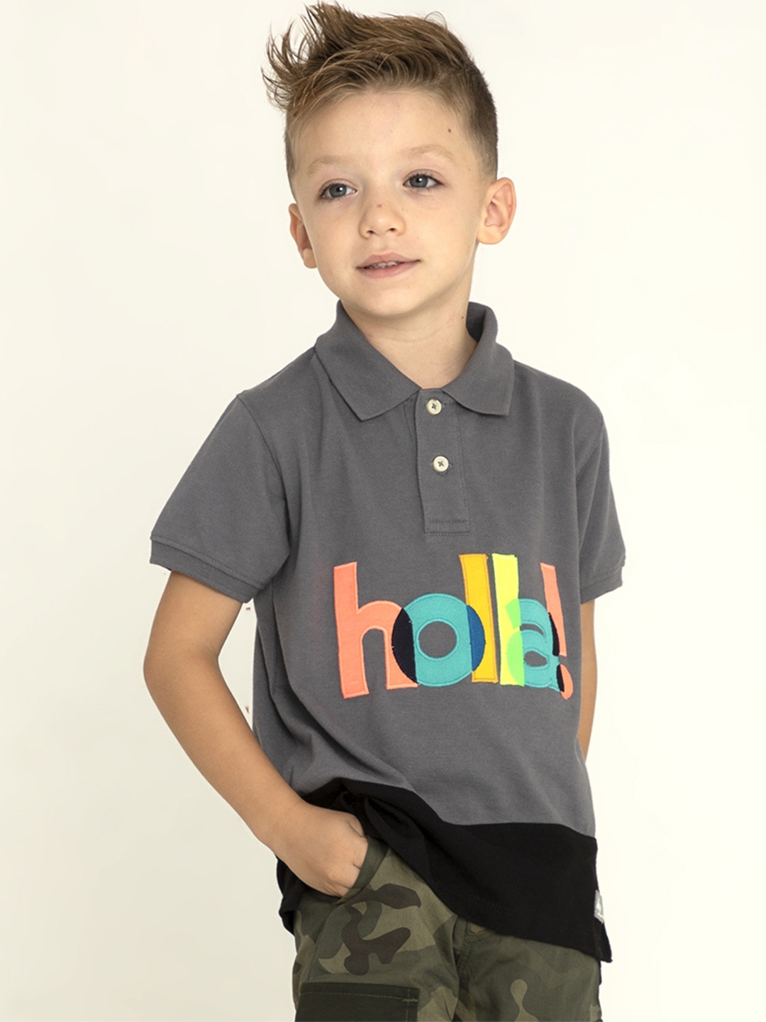 

Cherry Crumble Kids Grey & Black Colourblocked Printed Polo Collar T-shirt