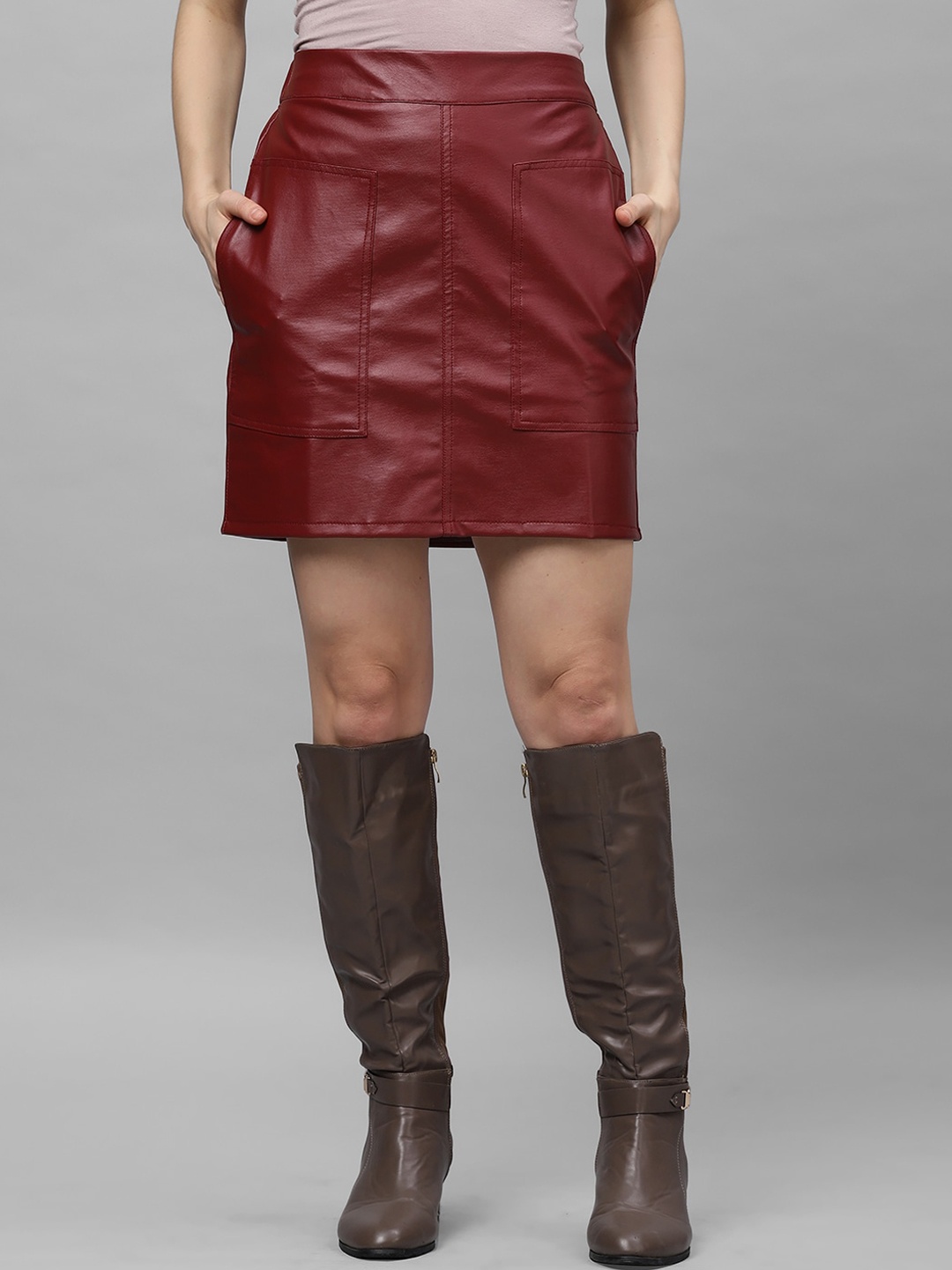 

Athena Maroon Solid Leather Straight Skirt