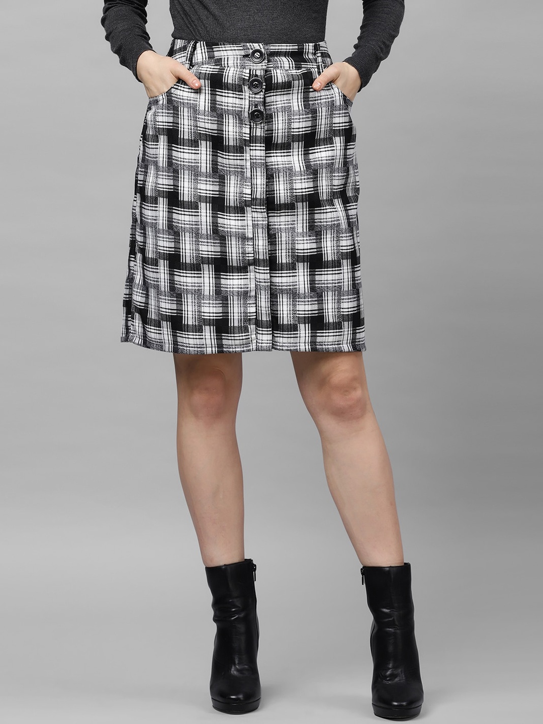 

Athena Women Black & White Checked A-Line Skirt