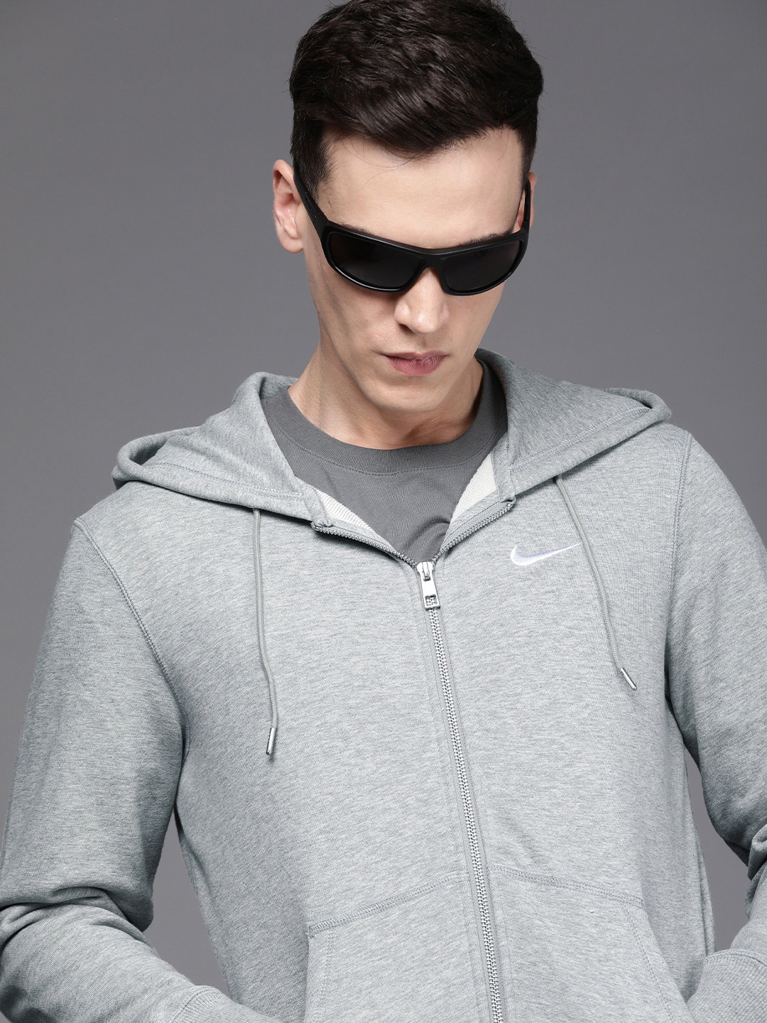 

Nike Men Grey Melange Solid CLASSIC FZ FT Outdoor Hooded Pure Cotton Bomber Jacket