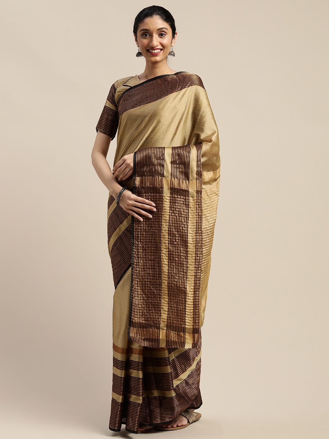 

SHAVYA Golden & Coffee Brown Art Silk Solid Saree, Gold