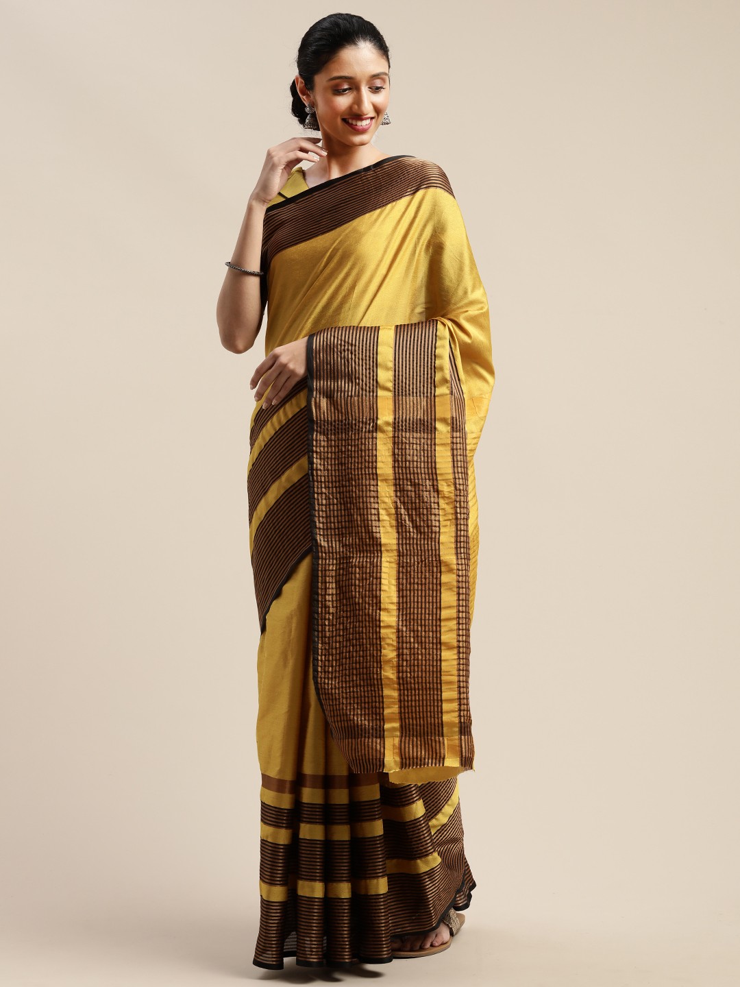 

SHAVYA Mustard Yellow Solid Art Silk Saree