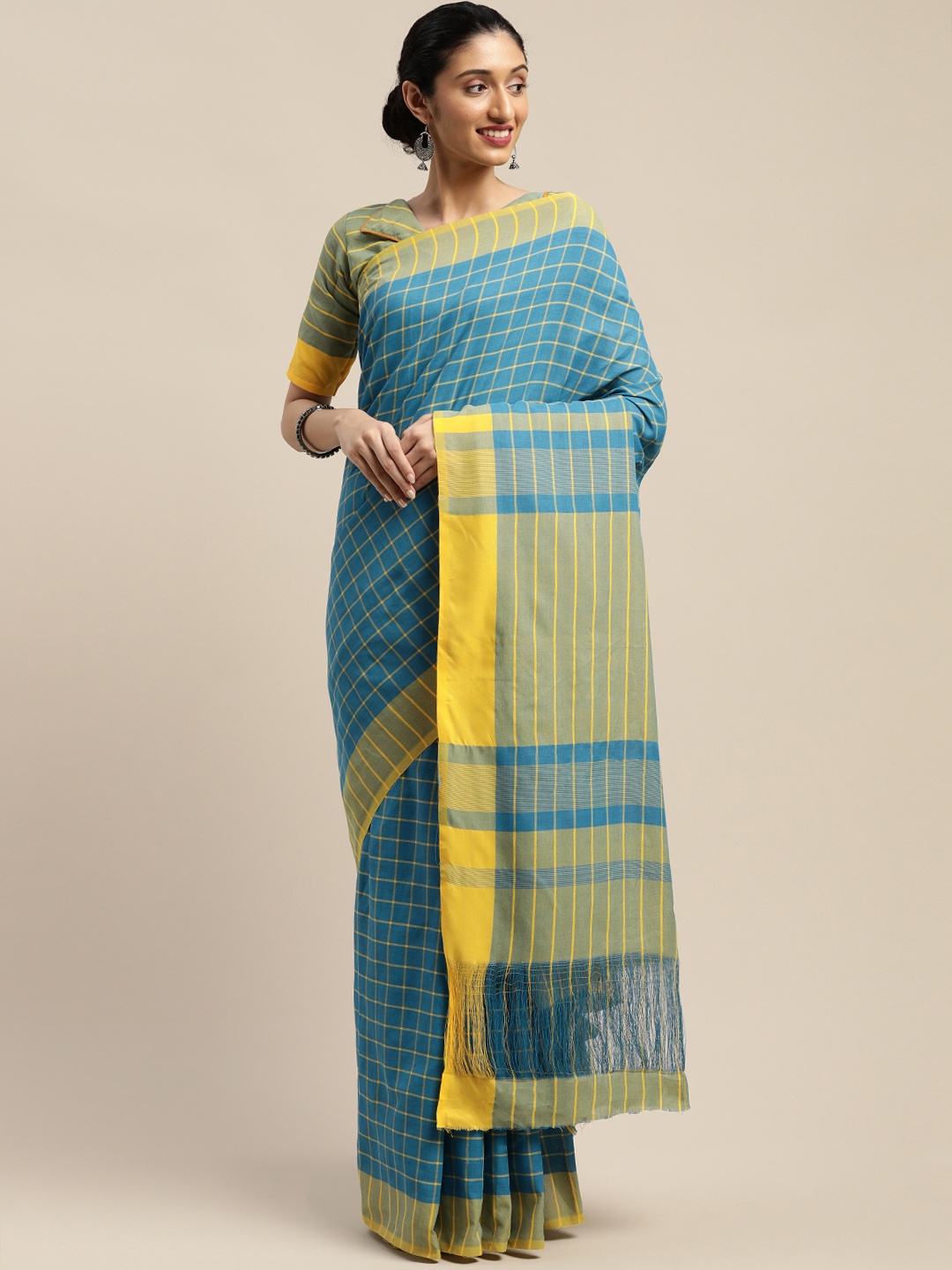 

SHAVYA Turquoise Blue & Yellow Cotton Blend Checked Saree