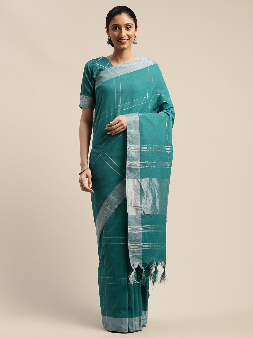 

SHAVYA Blue & Silver-Toned Cotton Blend Checked Saree