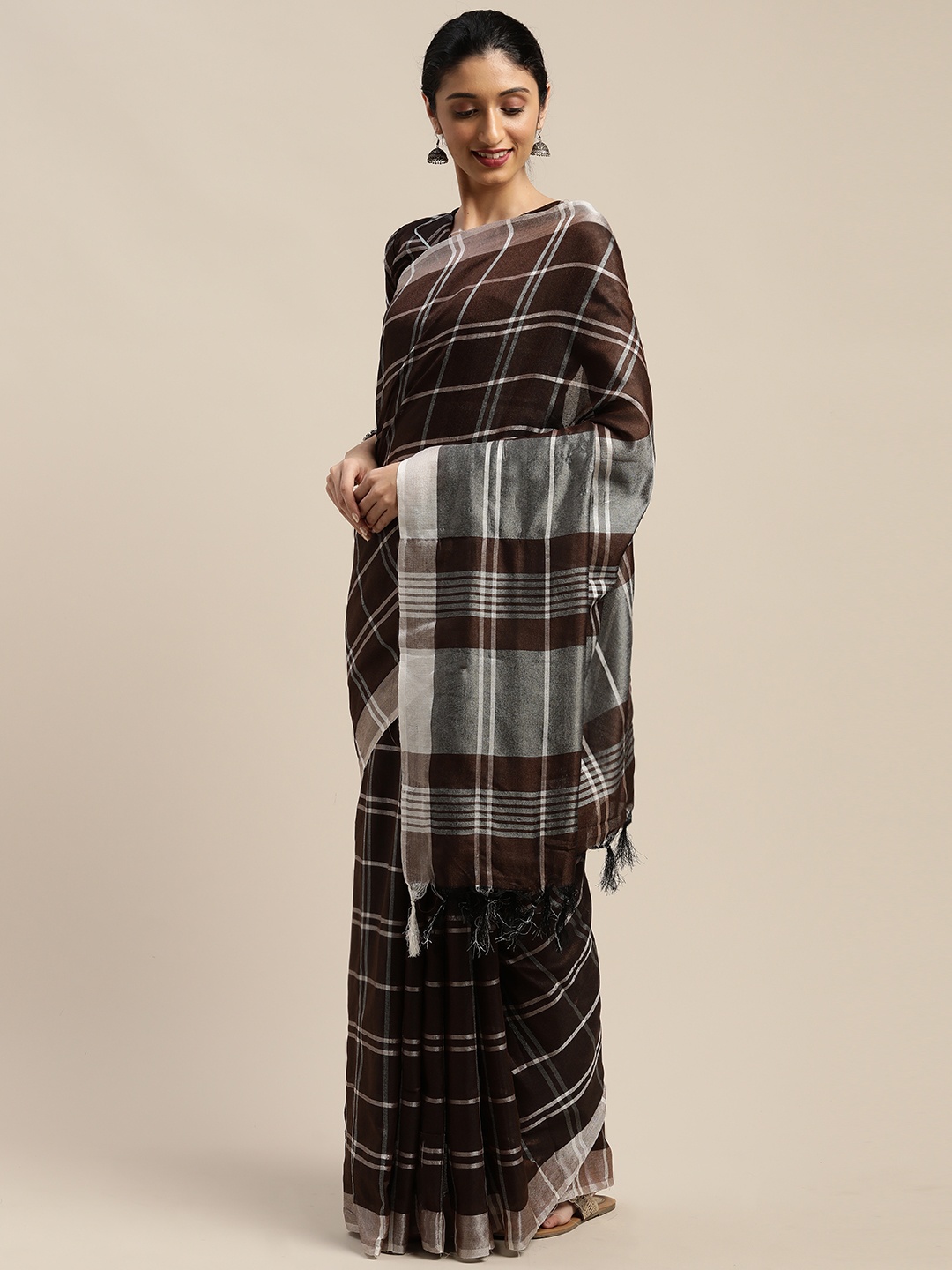 SHAVYA Coffee Brown & Off-White Cotton Blend Checked Saree