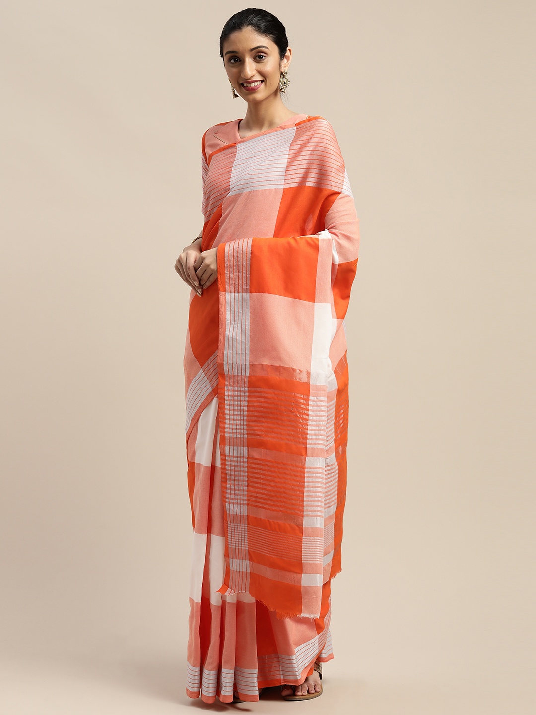 

SHAVYA Orange & White Cotton Blend Checked Saree