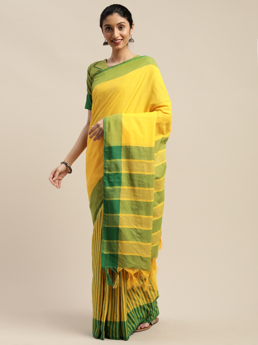 

SHAVYA Yellow & Green Cotton Blend Solid Saree