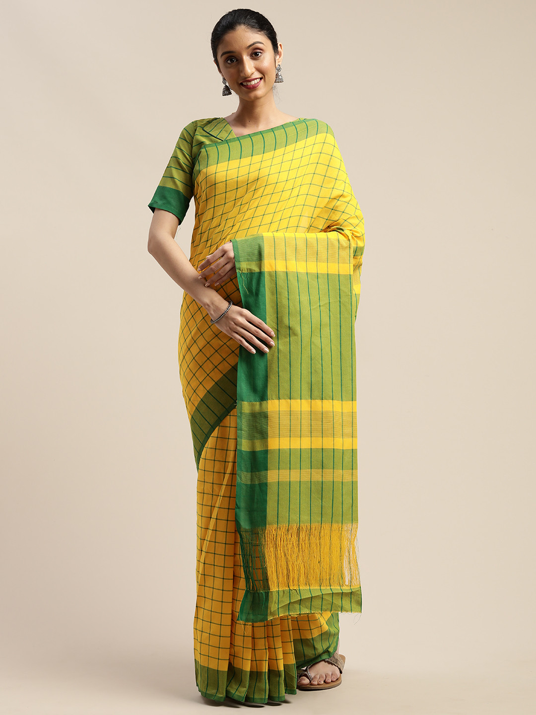 

SHAVYA Yellow & Green Cotton Blend Checked Saree