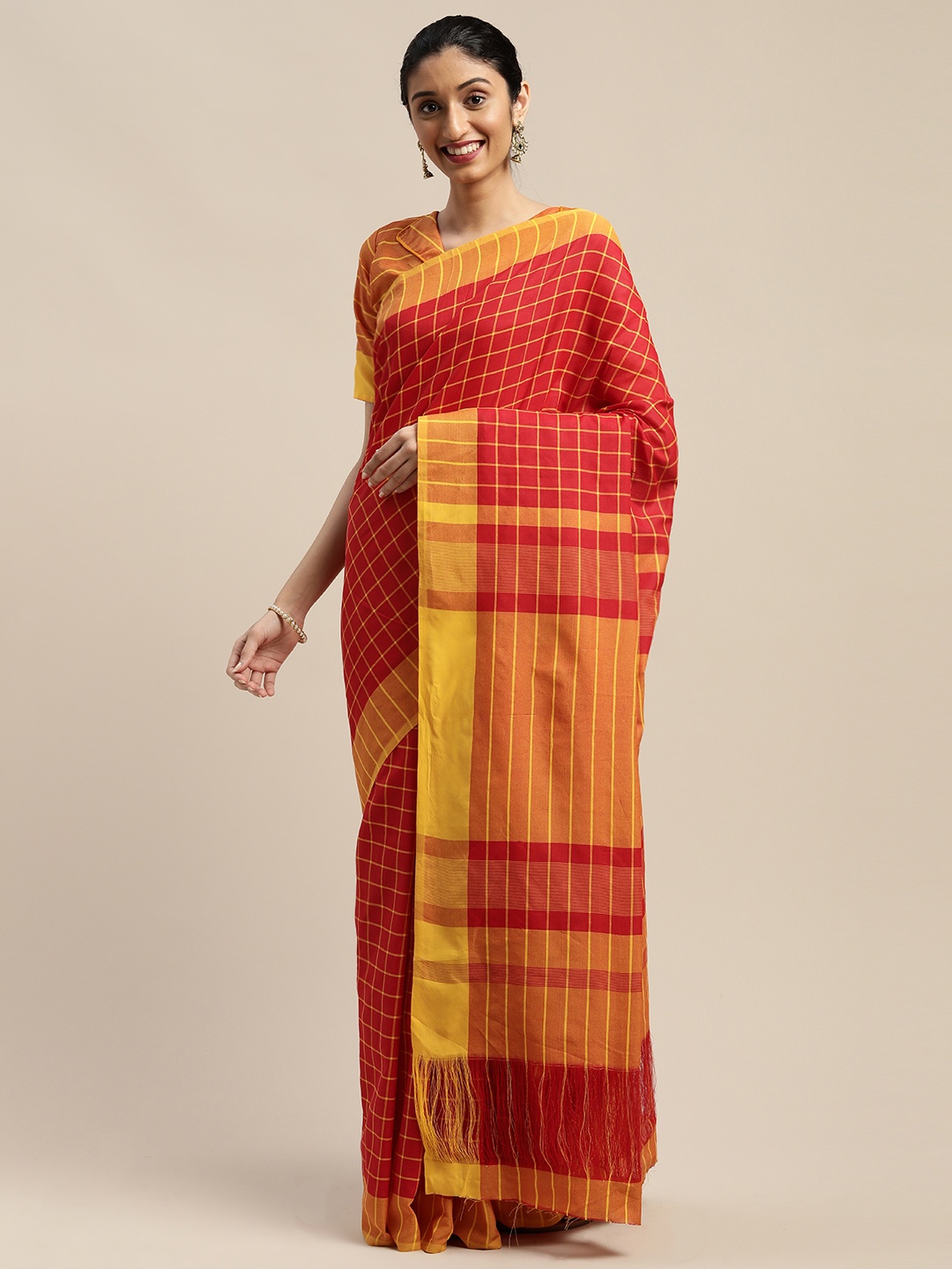 

SHAVYA Red & Mustard Cotton Blend Checked Saree