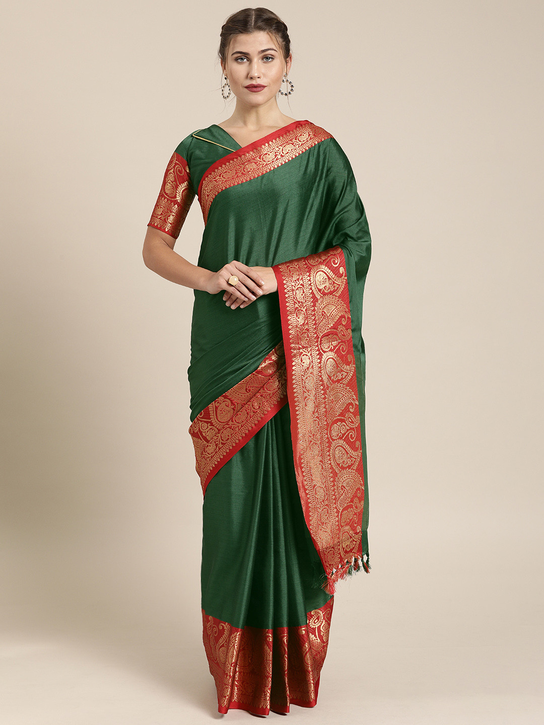 

SHAVYA Olive Green & Red Art Silk Solid Saree