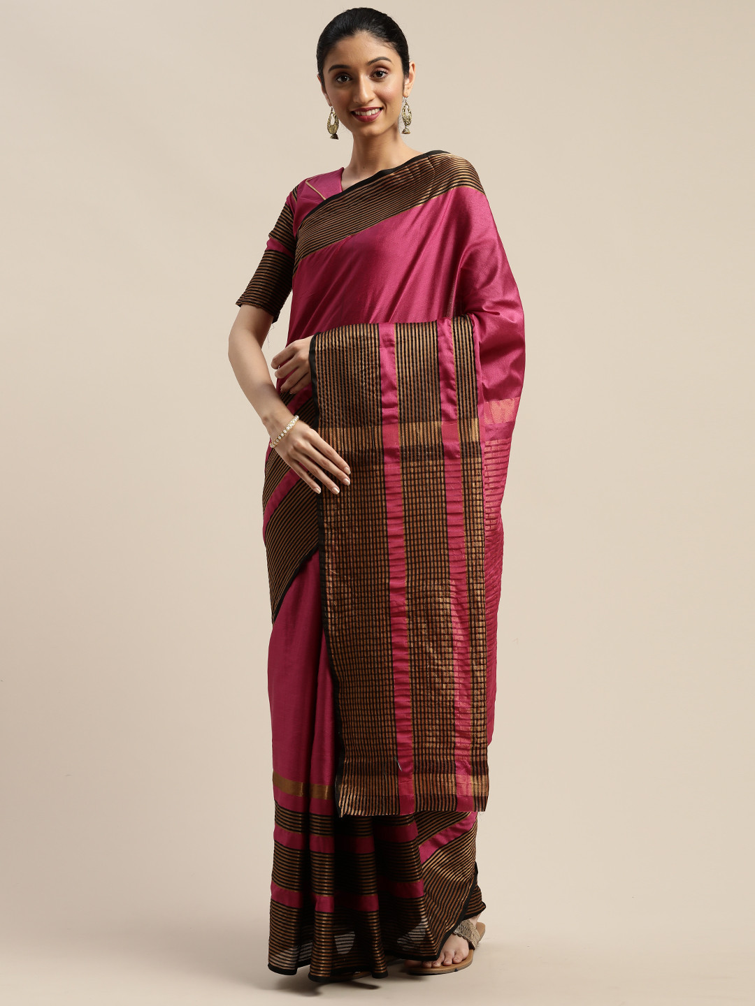 

SHAVYA Magenta Pink & Gold-Toned Art Silk Striped Saree