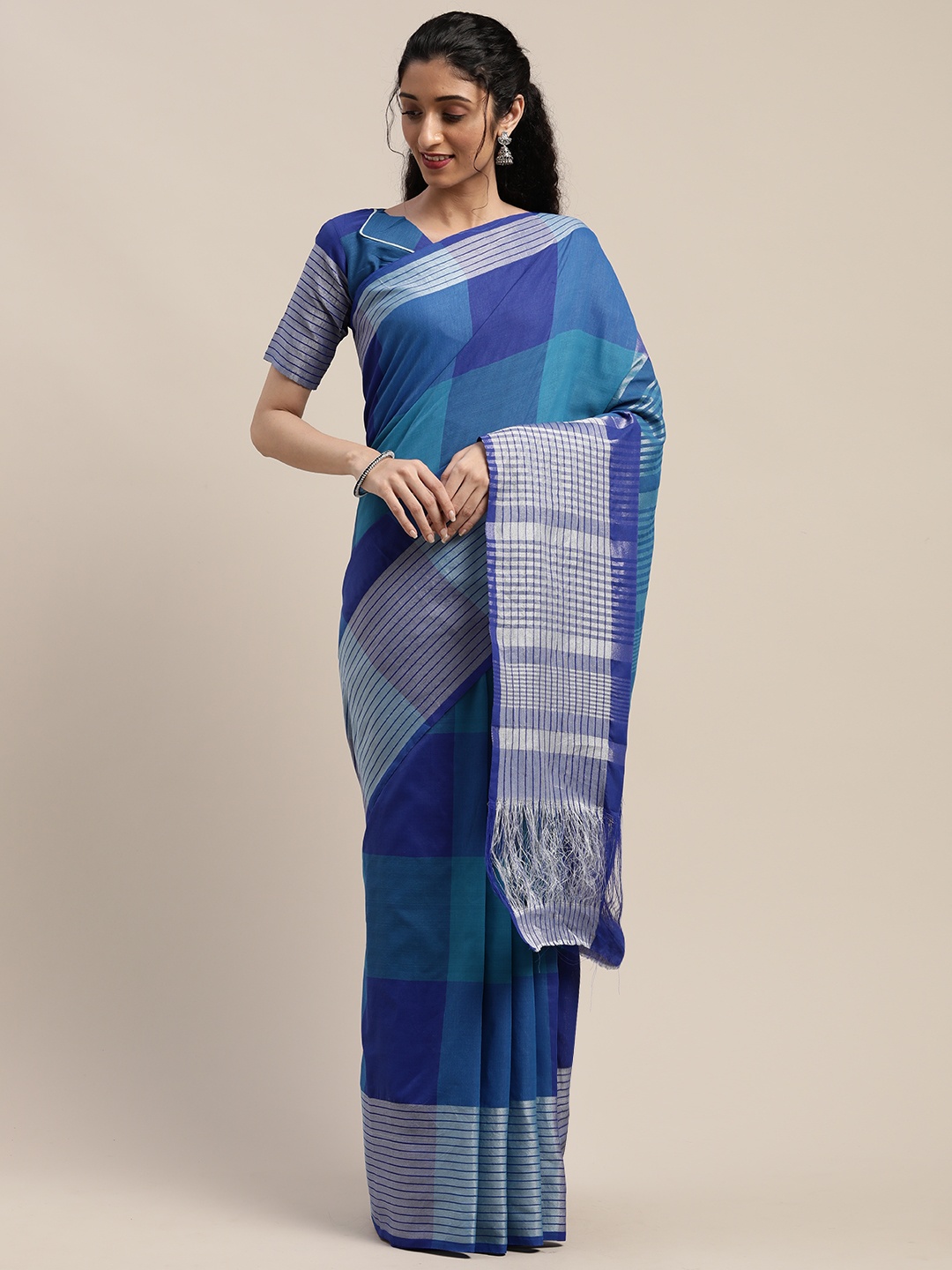 

SHAVYA Blue Checked Cotton Blend Saree