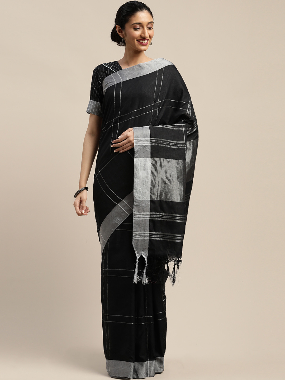

SHAVYA Black & Silver-Toned Cotton Blend Checked Saree