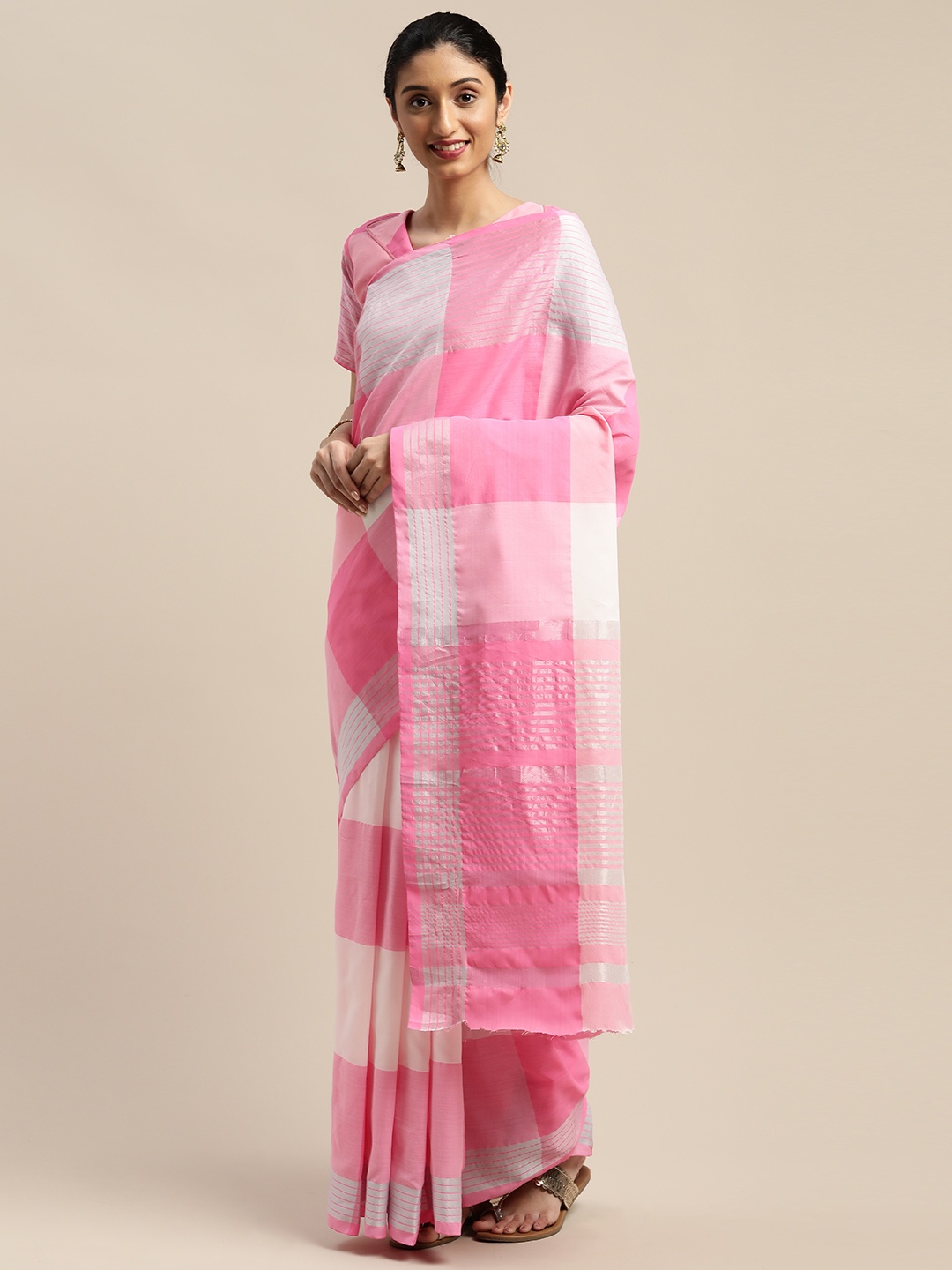 

SHAVYA Pink & White Cotton Blend Checked Saree