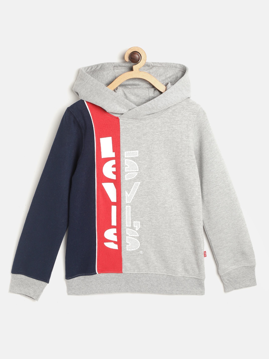 

Levis Boys Grey Melange & Navy Blue Brand Logo Print & Colourblocked Hooded Sweatshirt