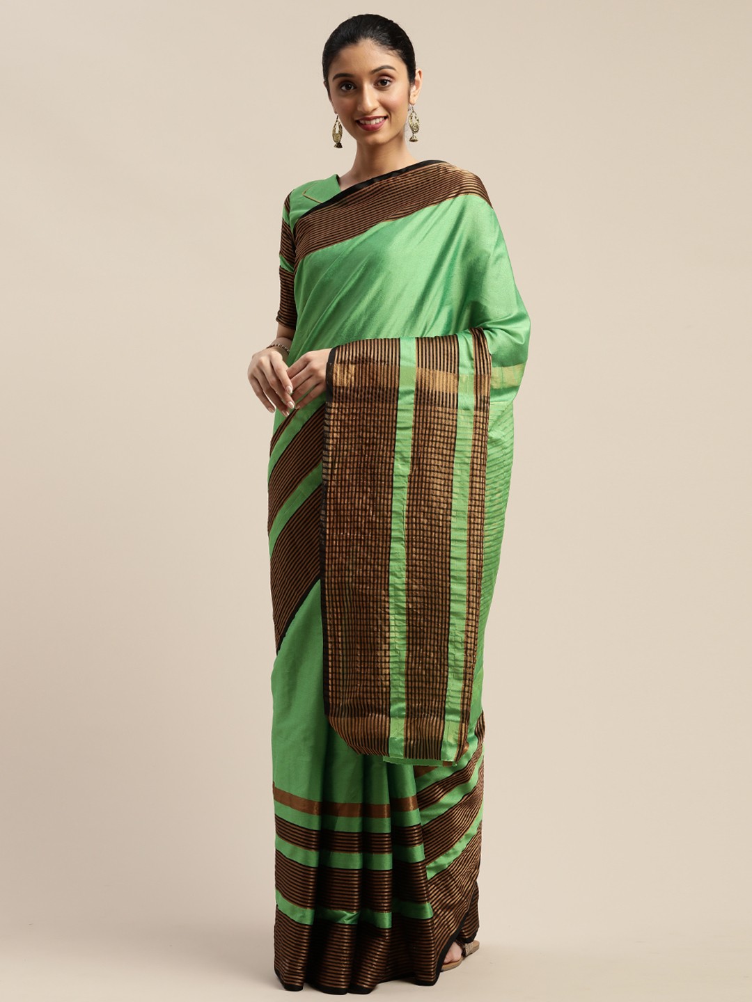 

SHAVYA Sea Green & Gold-Toned Art Silk Striped Saree