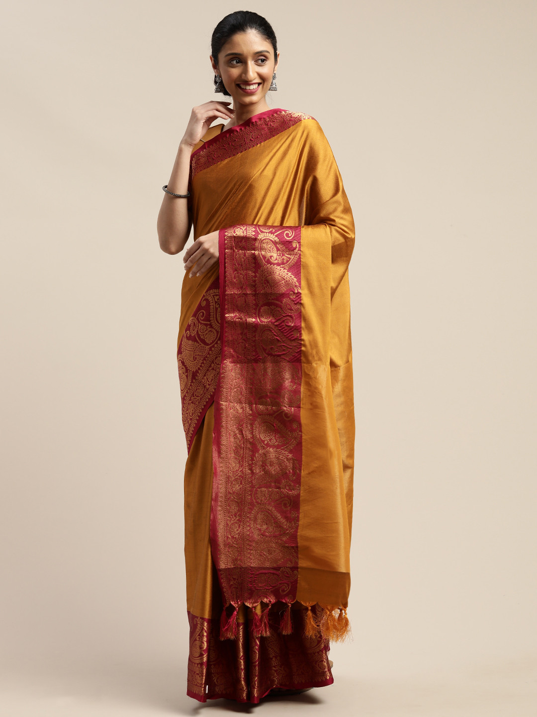 

SHAVYA Mustard Yellow Solid Art Silk Saree