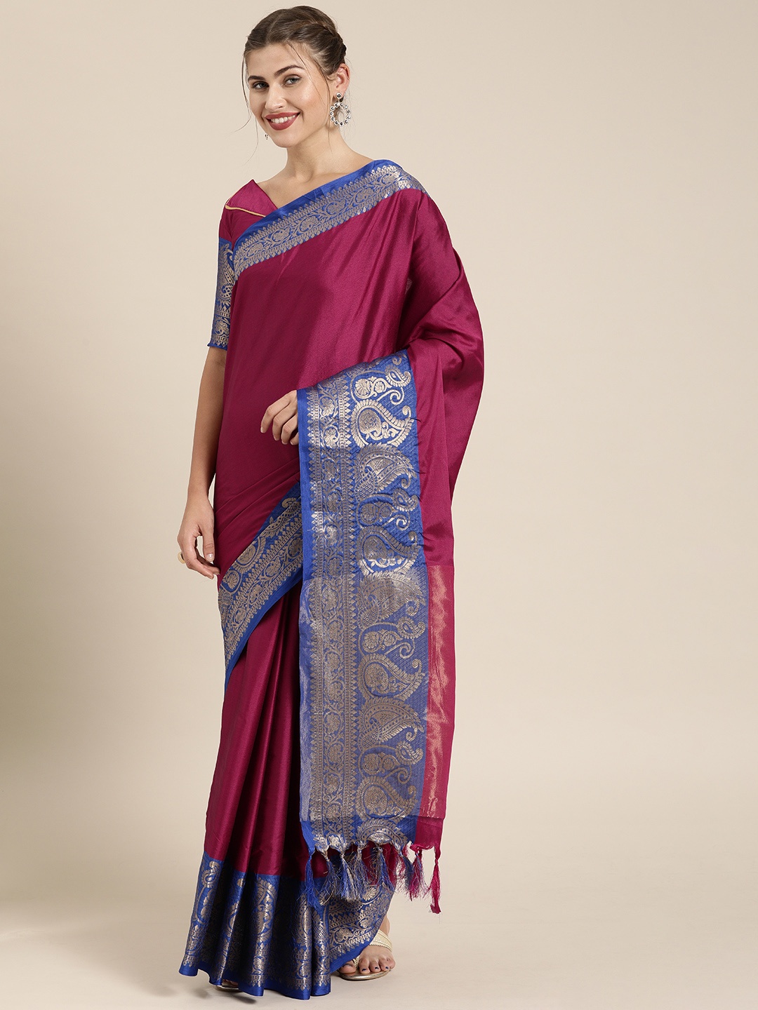 

SHAVYA Maroon & Blue Art Silk Solid Saree