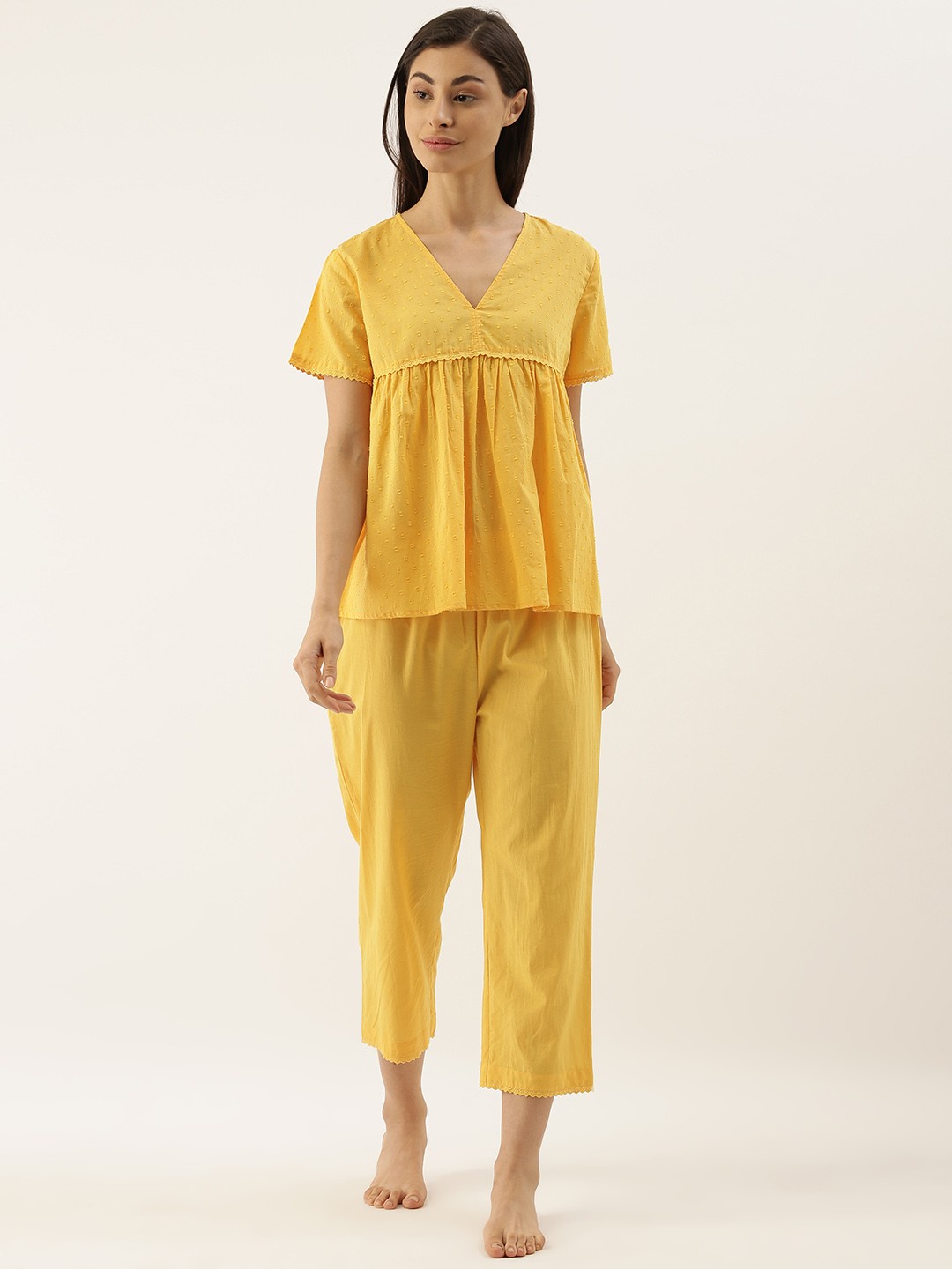 

Slumber Jill Women Mustard Yellow Self Design Night suit With Lace Inserts