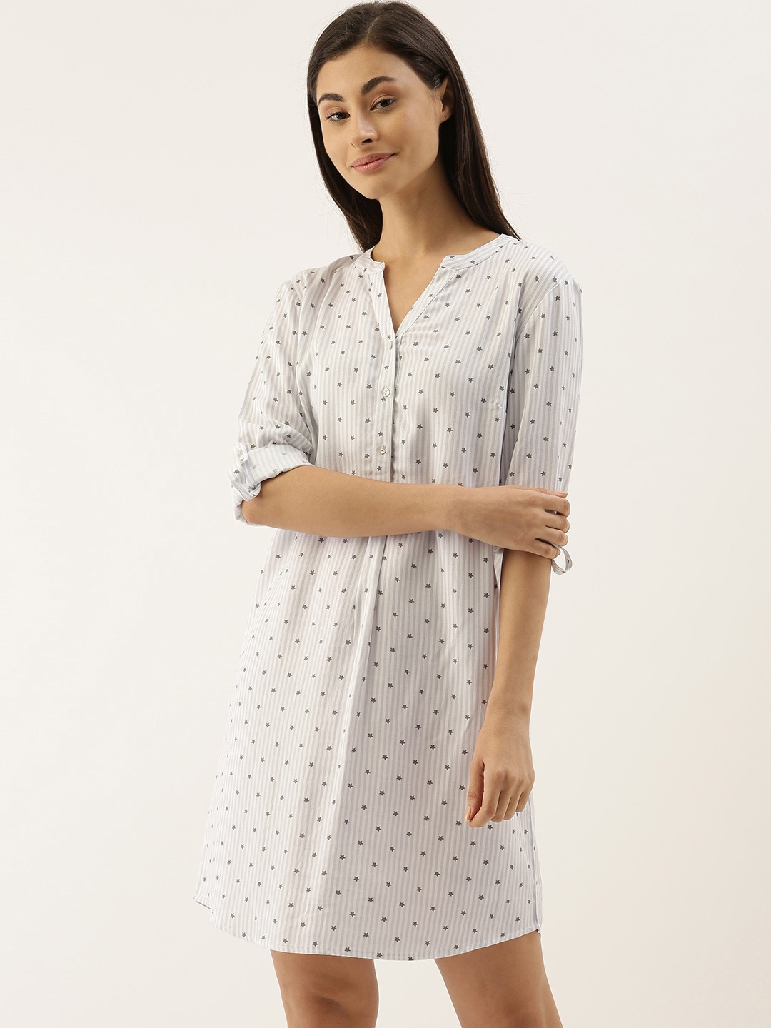 

Slumber Jill Women White & Purple Striped Nightdress With Roll-Up Sleeves