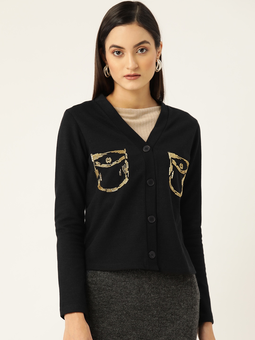 

KASSUALLY Women Black Embellished Cardigan Sweater