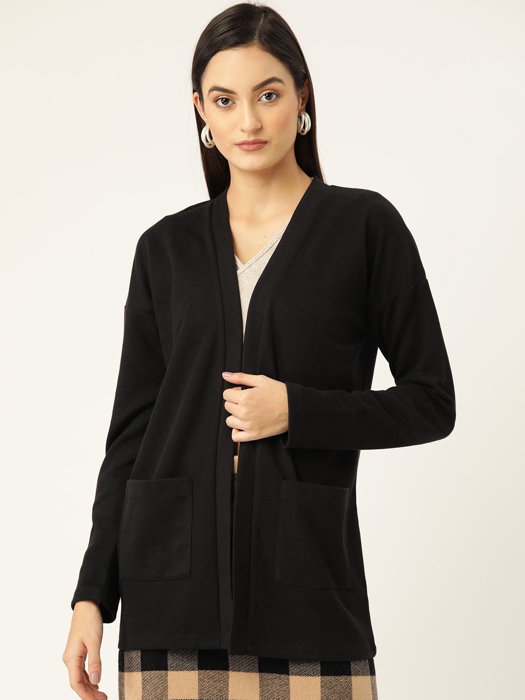 

KASSUALLY Women Black Solid Open Front Shrug
