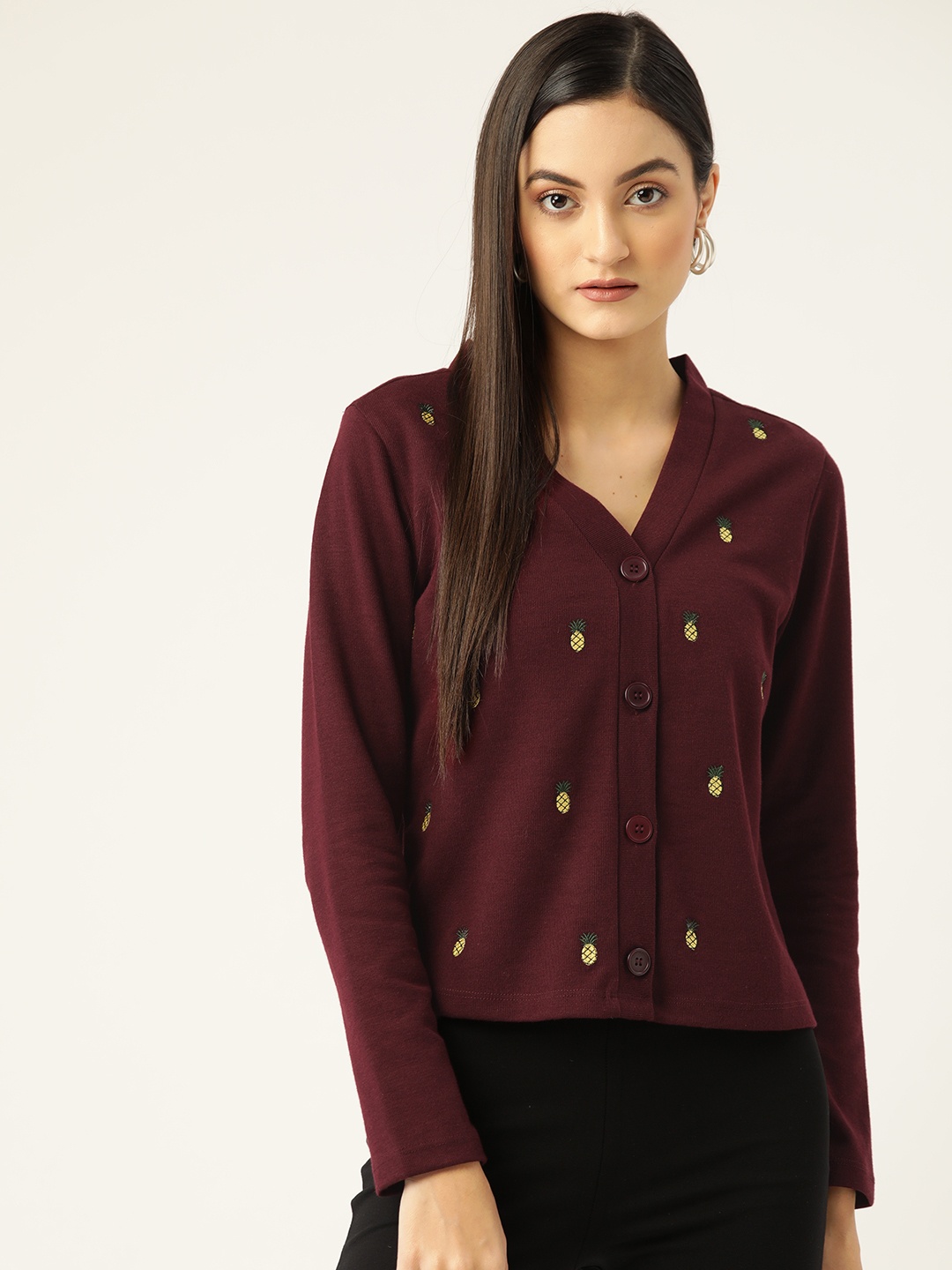 

KASSUALLY Women Burgundy Pineapple Embroidered Cardigan Sweater