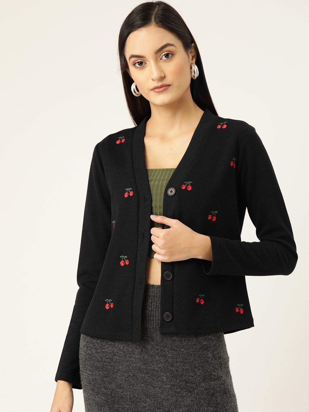 

KASSUALLY Women Black Embroidered Cardigan Sweater