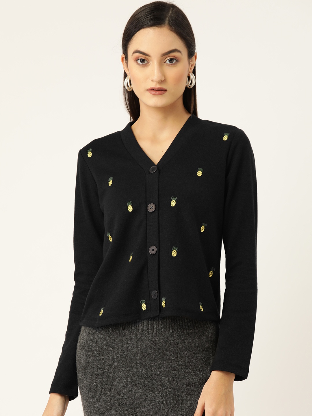 

KASSUALLY Women Black Pineapple Embroidered Cardigan Sweater