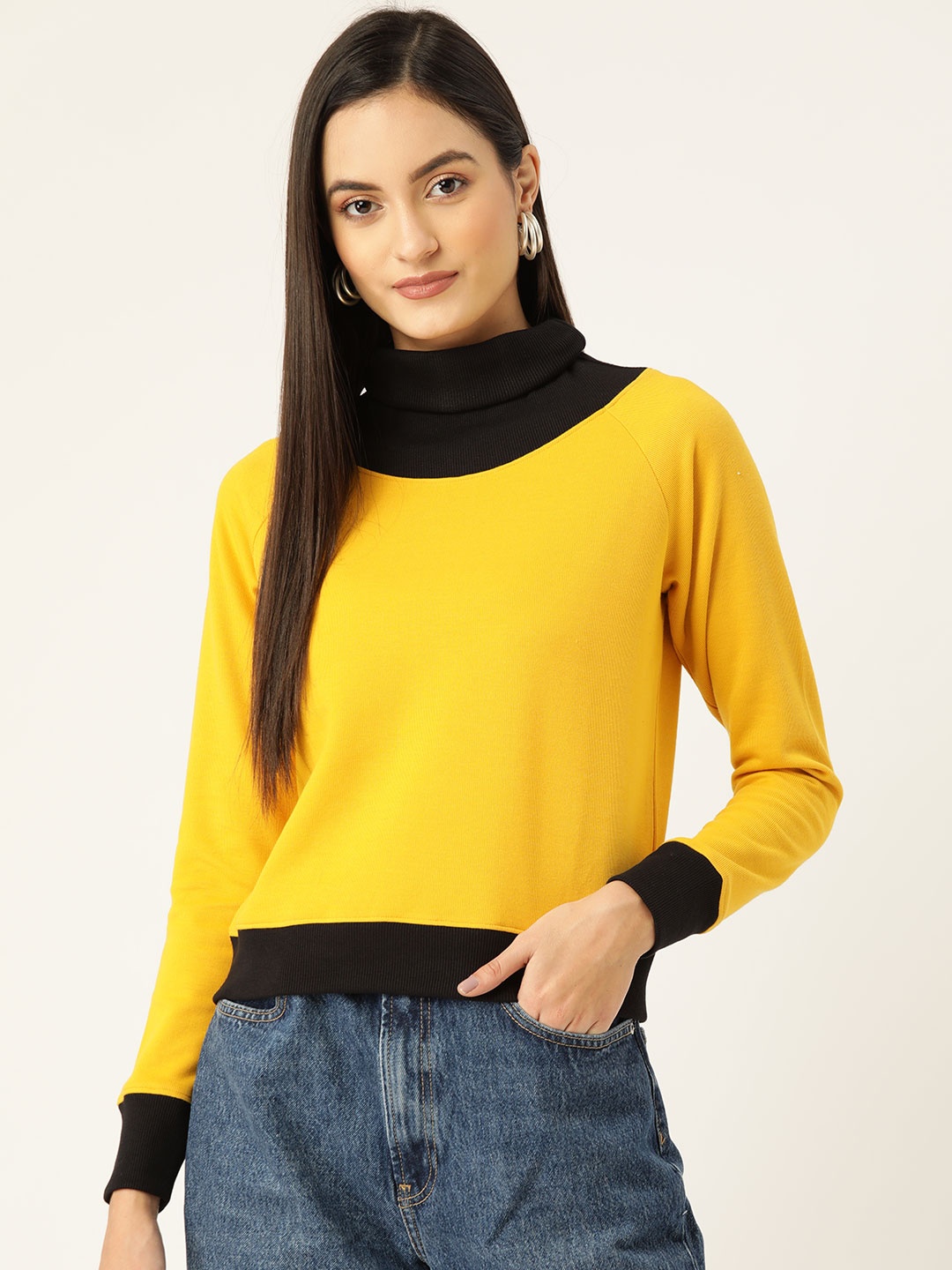 

KASSUALLY Women Yellow Solid High Neck Top