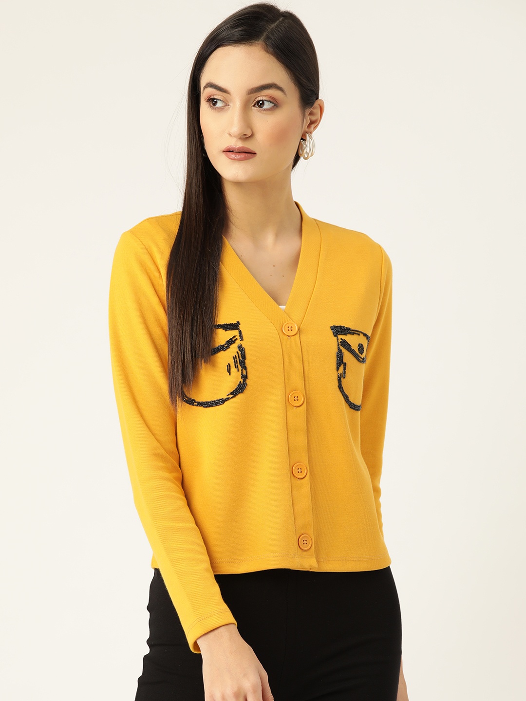 

KASSUALLY Women Mustard Yellow Embellished Cardigan Sweater