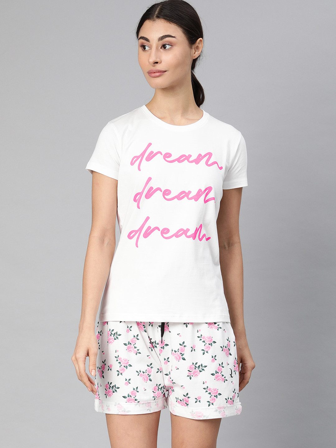 

QUARANTINE Women Off-White & Pink Printed Night suit