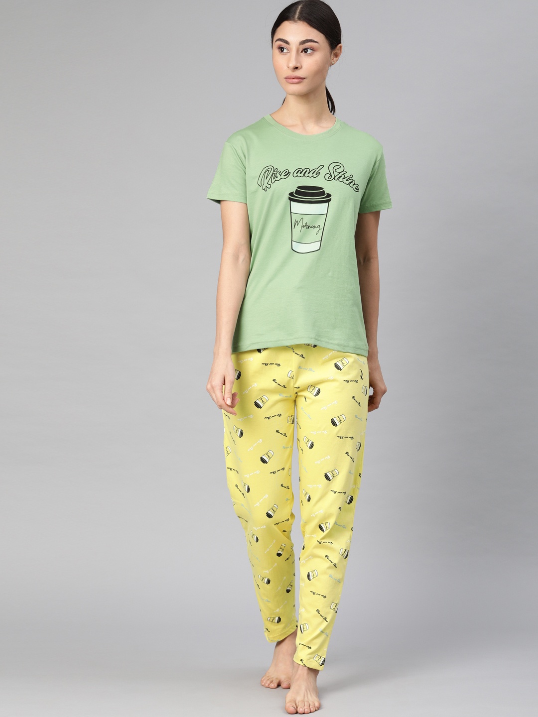 

QUARANTINE Women Green & Yellow Printed Night suit