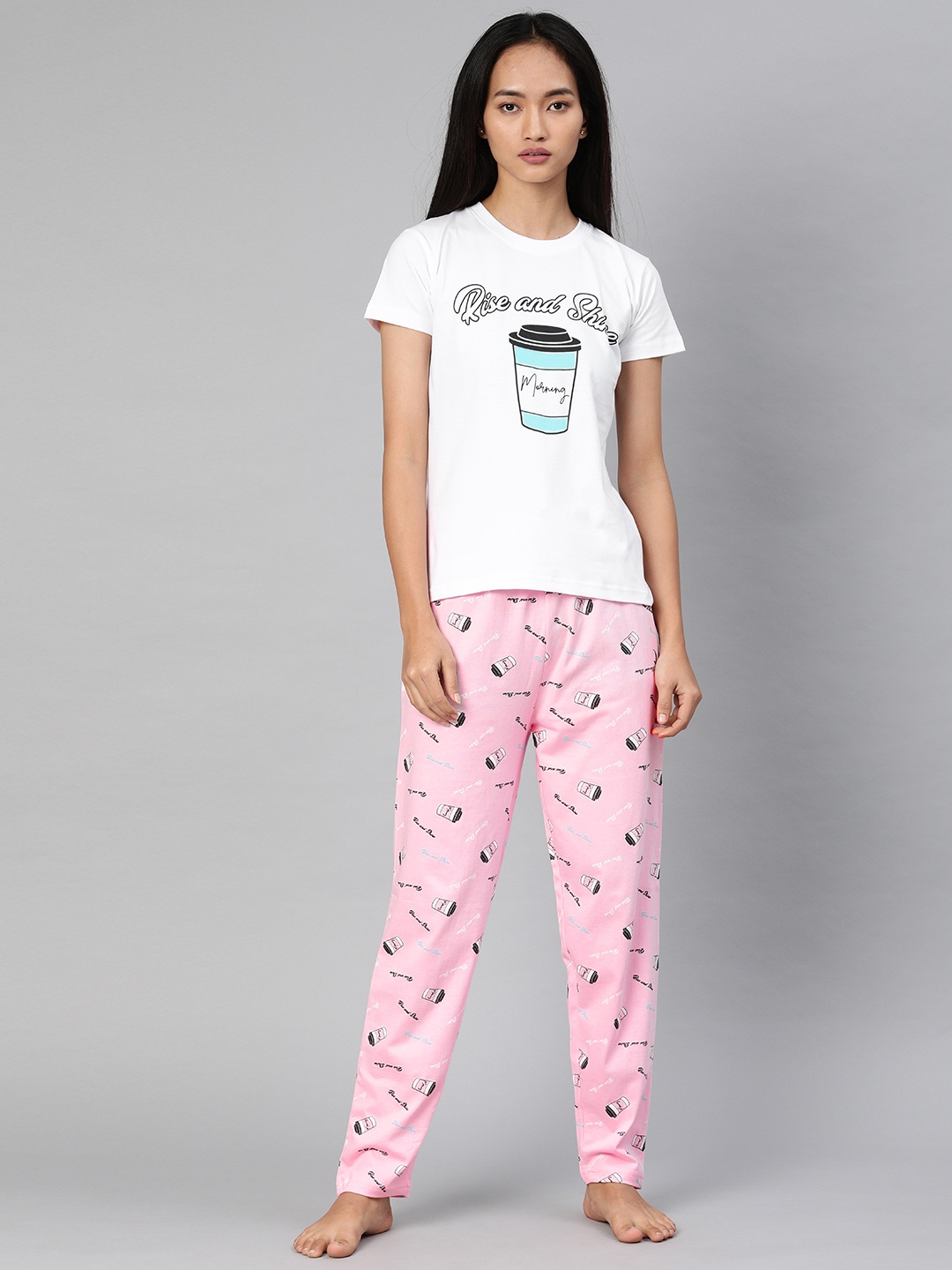 

QUARANTINE Women White & Pink Printed Night suit