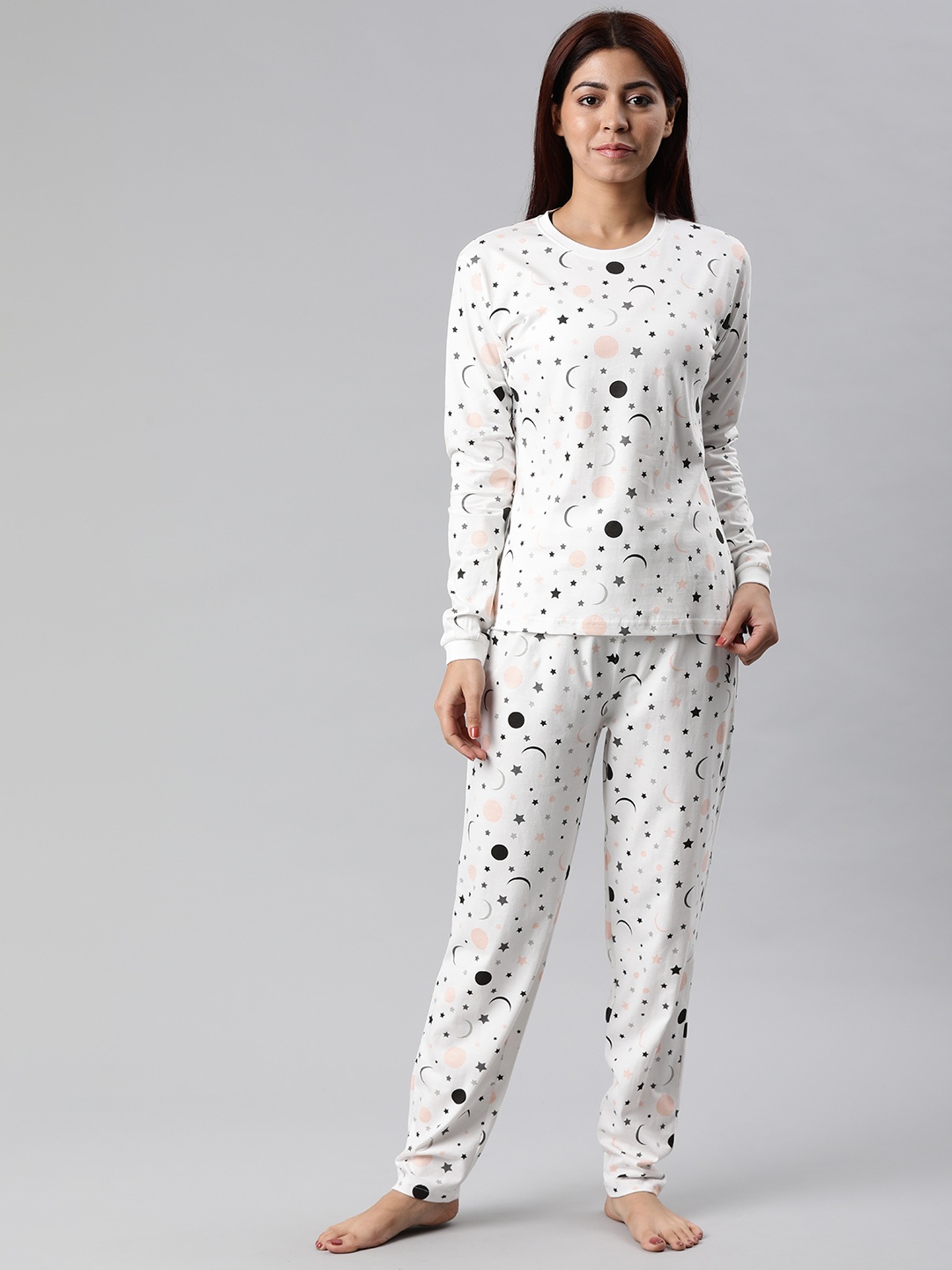 

QUARANTINE Women Off-White & Black Conversational Printed Night suit