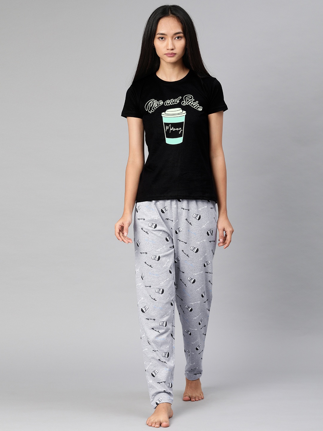 

QUARANTINE Women Black & Grey Printed Night suit