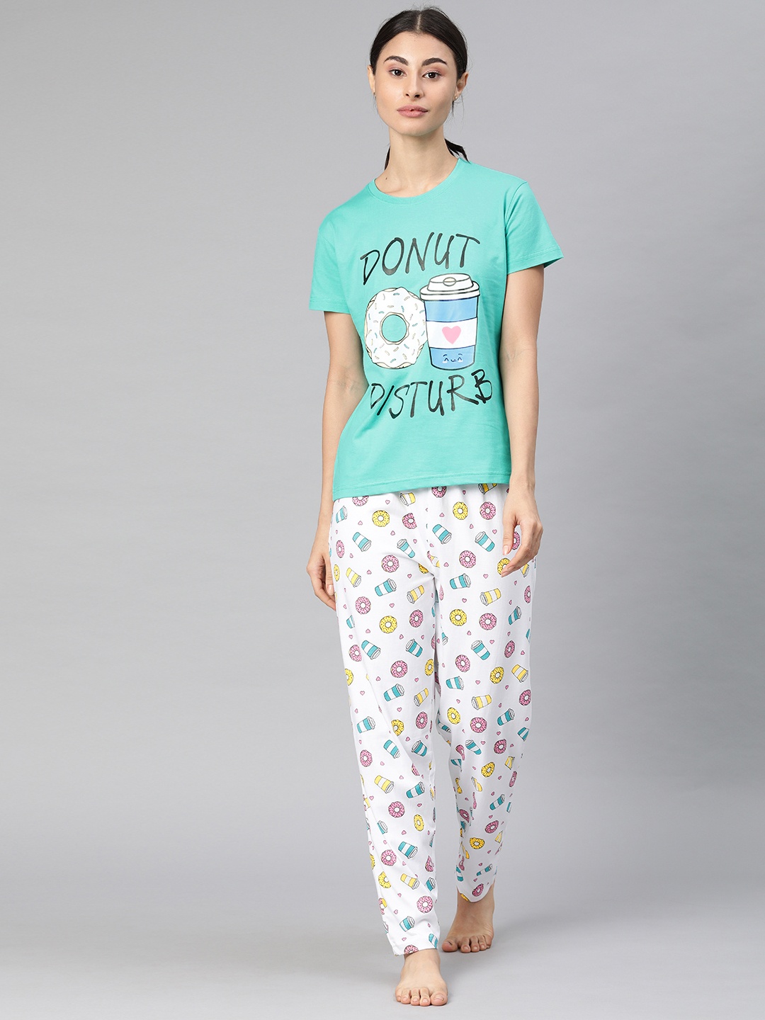 

QUARANTINE Women Green & White Printed Night suit