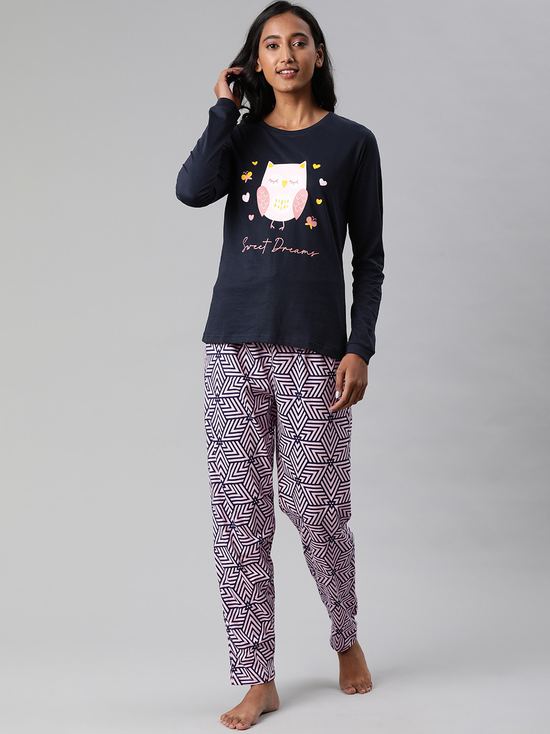 

QUARANTINE Women Navy Blue & Pink Printed Night suit