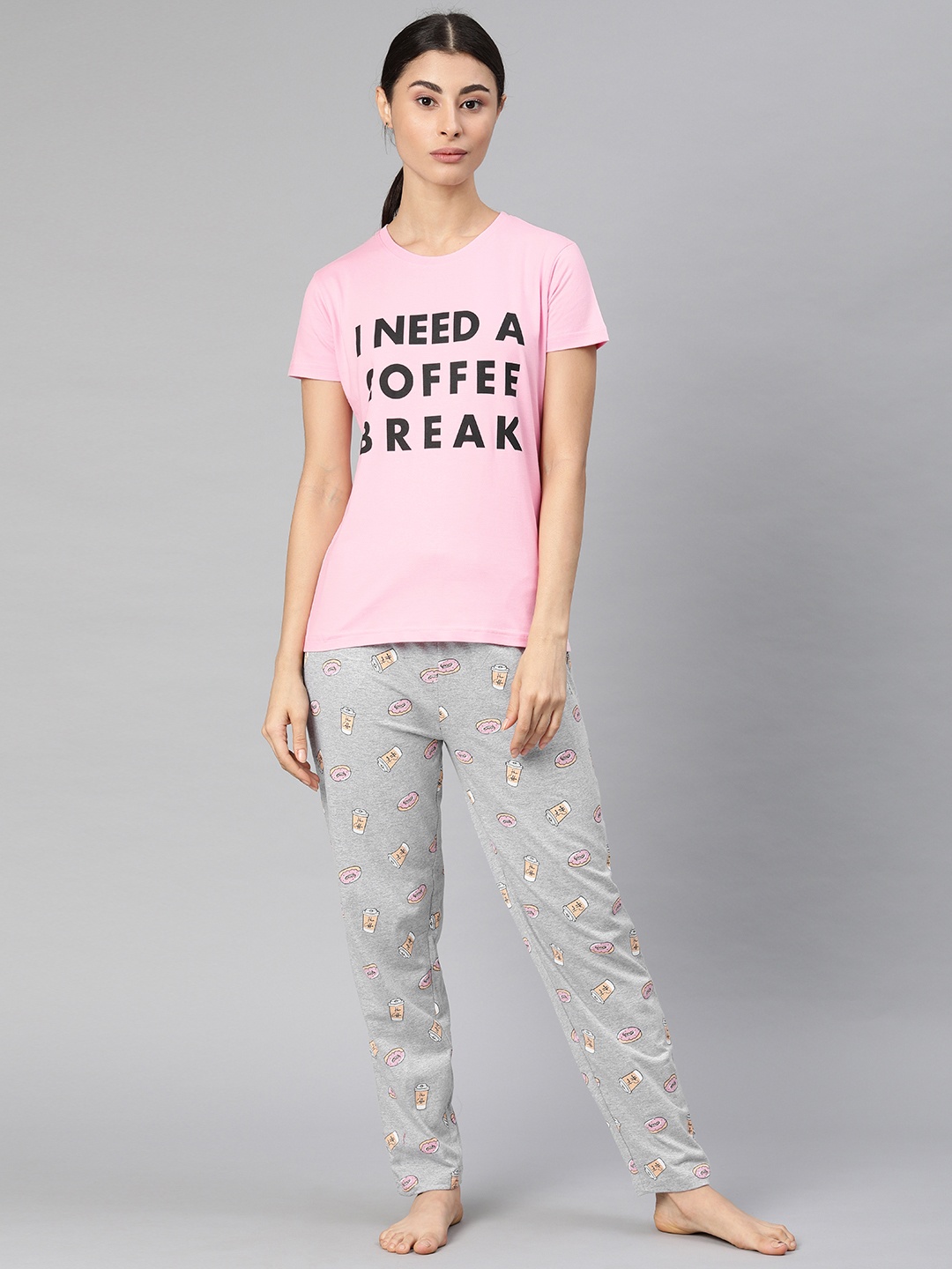 

QUARANTINE Women Pink & Grey Printed Night suit