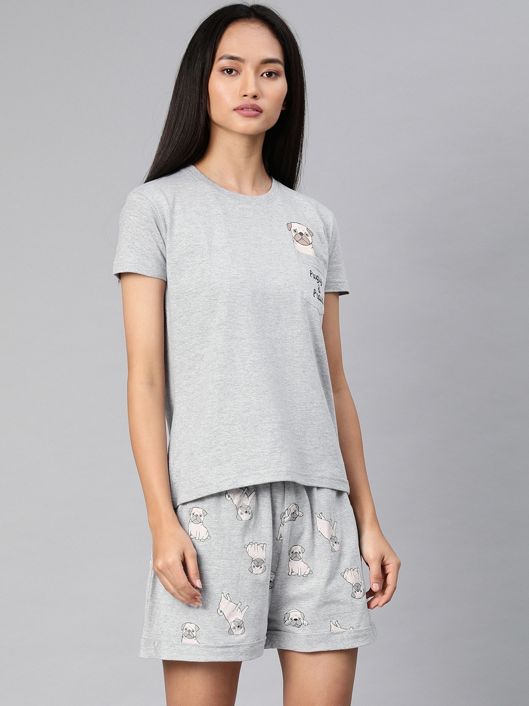 

QUARANTINE Women Grey Melange Printed Night suit