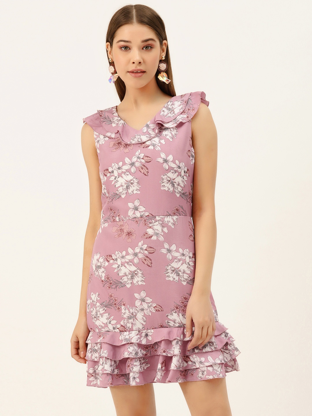 

DODO & MOA Women Pink & White Floral Print A-Line Dress